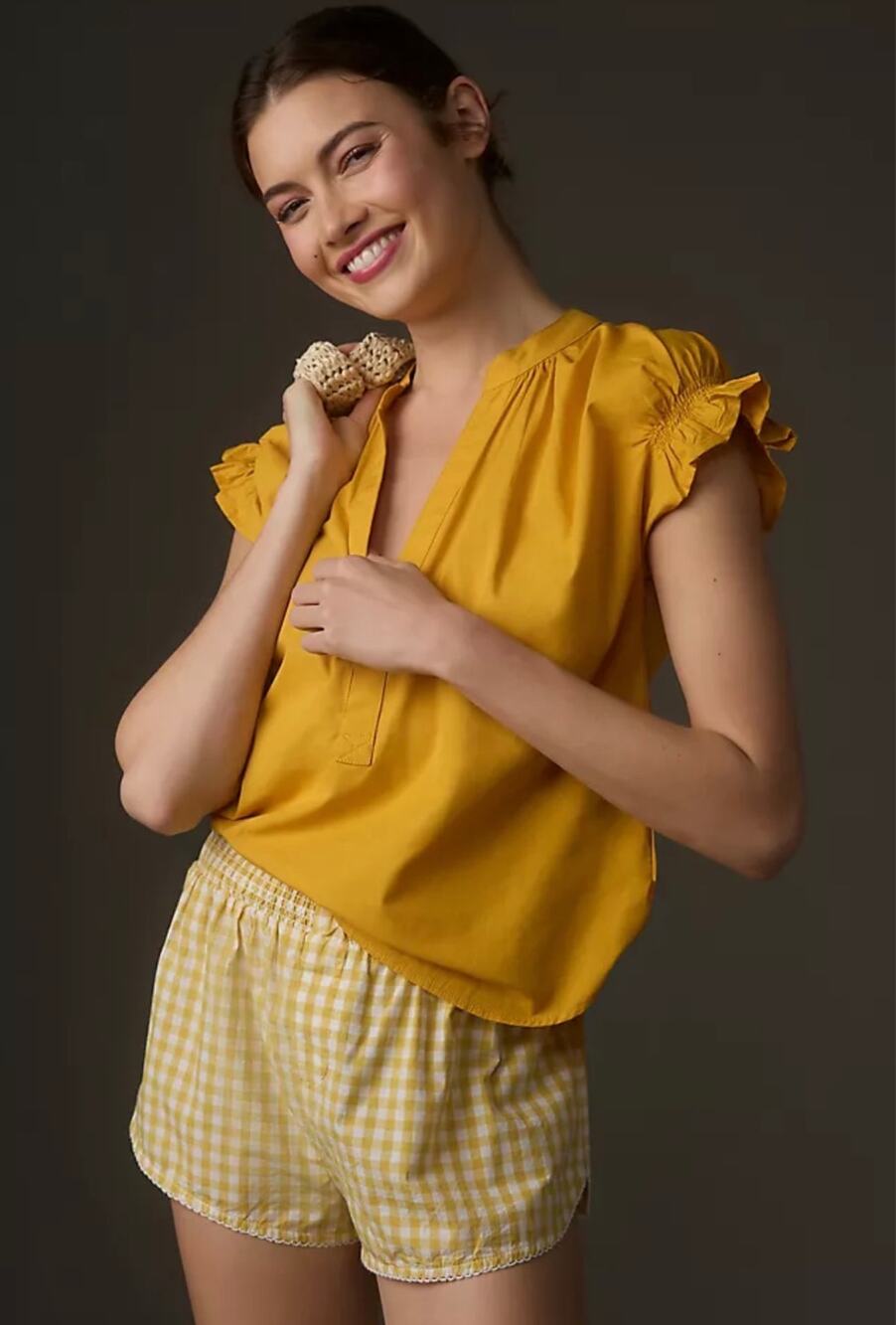 Anthropologie Pilcro Tatum Flutter Sleeve Blouse Poplin Mustard Yellow Small
